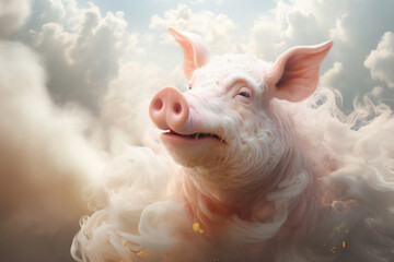 Pig going to heaven through white clouds. Generative AI