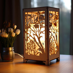 stunning wood table lamp made with a laser cutter Generated AI