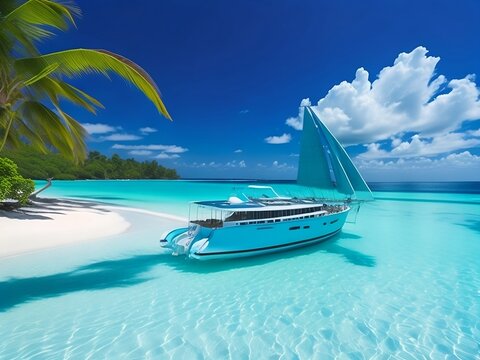 Tropical island with palm trees and longtail boat. 3d render