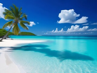 Fototapeta premium Tropical island with palm trees and longtail boat. 3d render