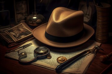 Detective Hat and Magnifying Glass. AI - obrazy, fototapety, plakaty