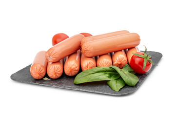 Cutting board with boiled sausages. Isolated on white.