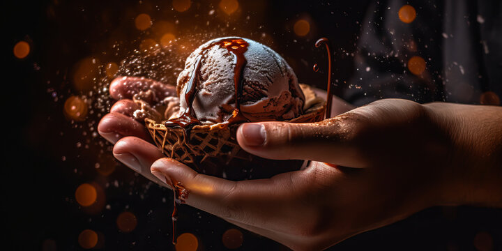 Captivating close-up of man's hands holding rich, creamy chocolate ice cream with holographic light accents, evoking indulgence and a hint of digital magic. Generative AI