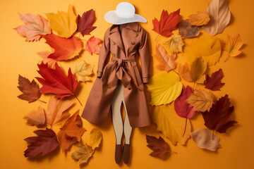 the figure of a woman in autumn clothes against the background of fallen leaves. autumn fashion