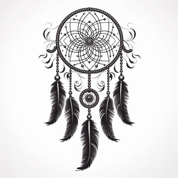 black dream catcher on white background, boho style, generative AI