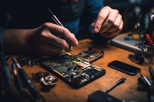 Technician's Hand Repairing Cell Phone Parts With Tools For Recovery And Smartphone Repair. AI