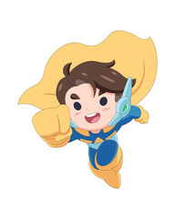 Cute kid in superhero costume cartoon illustration