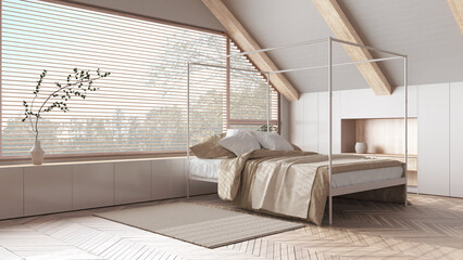 Attic interior design, minimal bleached wooden bedroom with canopy bed and panoramic window in white tones. Carpet and decors. Japandi scandinavian style