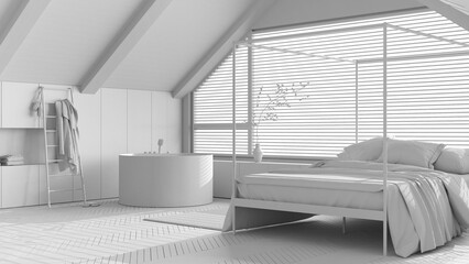 Total white project draft, attic interior design, minimal wooden bedroom and bathroom with canopy bed and panoramic window. Bathtub and decors. Japandi scandinavian style