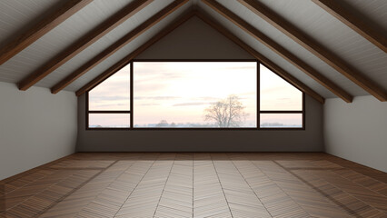 Dark late evening scene, empty room interior design, open space with parquet floor, wooden sloping ceiling and panoramic window, modern japandi architecture concept idea