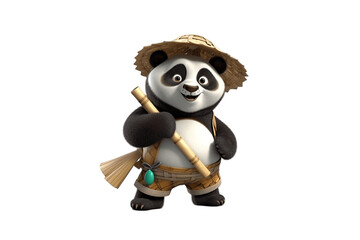 Cheerful Panda Cartoon Character with 3D Effects and Bamboo Hat on Transparent Background. AI