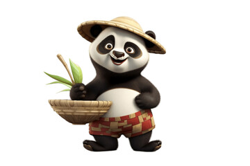 Cheerful Panda Cartoon Character with 3D Effects and Bamboo Hat on Transparent Background. AI