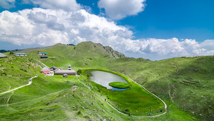 Aerial view of Parashar Lake also spelled Prashar Lake is a freshwater lake located at Mandi...
