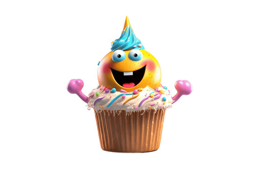 3D Cartoon Character: Happy Cupcake with Frosting and Sprinkles on Transparent Background. AI
