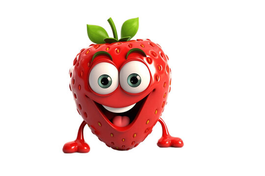 3D Cartoon Character: Happy Strawberry with Smiling Face on Transparent Background. AI