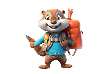 Naklejka premium 3D Cartoon Character: Playful Otter with Fish-shaped Backpack on Transparent Background. AI