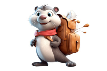 3D Cartoon Character: Playful Otter with Fish-shaped Backpack on Transparent Background. AI