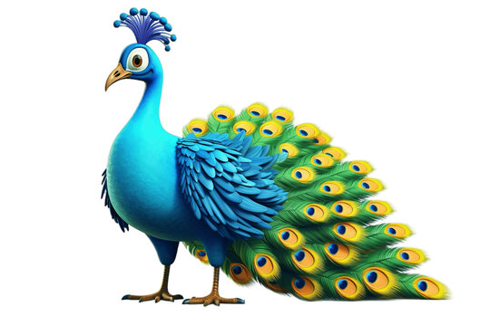 Regal Peacock Cartoon Character with Vibrant Feather Patterns on Transparent Background. AI