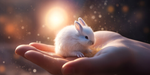 Enchanting close-up of man's hands cradling tiny, fluffy bunny with captivating holographic light swirling around, highlighting delicate features in a cozy natural setting. Generative AI - obrazy, fototapety, plakaty