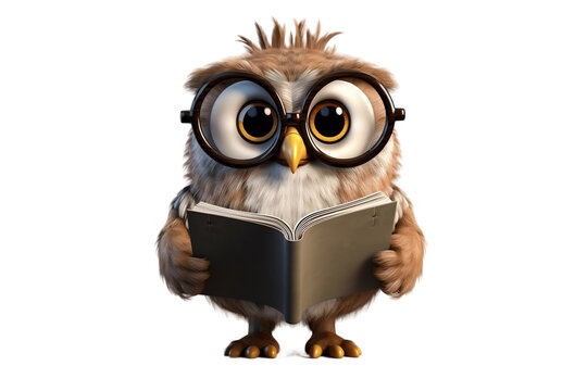 Wise Owl Cartoon Character with Spectacles and Book on Transparent Background. AI
