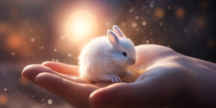 Enchanting close-up of man's hands cradling tiny, fluffy bunny with captivating holographic light swirling around, highlighting delicate features in a cozy natural setting. Generative AI