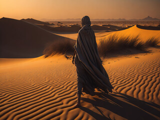 Fototapeta na wymiar Back view of a Muslim woman walking through the desert.