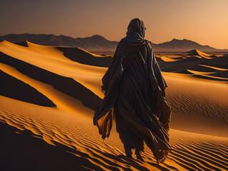 Silhouette of a muslim woman in the Sahara desert, Morocco.