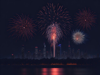 Colorful fireworks against the night sky with a cityscape, New York, USA.