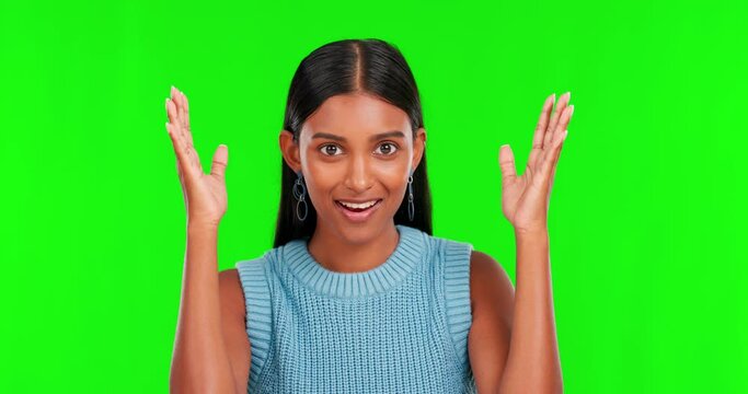 Face, green screen and woman with a surprise, mind blown and announcement against a studio background. Portrait, female person and model shocked, news and wow with expression, ideas and explosion