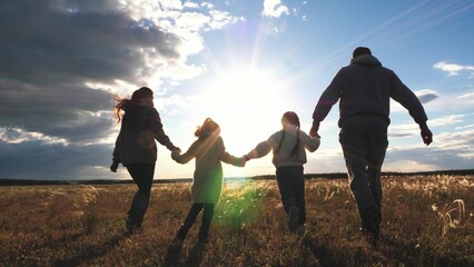 silhouette child mother father, big happy family run sunset, take hand, run group team, children...