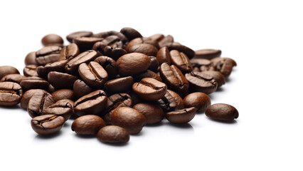 Roasted coffee beans on a white background. Generative AI.