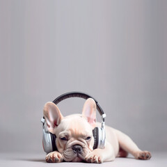 dog listening to music with headphones isolated on white backgro - obrazy, fototapety, plakaty
