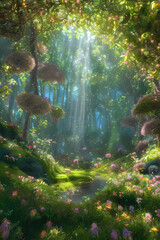 Beautiful garden of many colorful flowers forest, cartoon style, AI generative