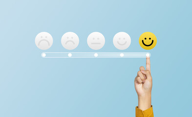 Customer touching loading bar for rating feedback scale. Loading giving smile emoticon. Service rating, feedback, satisfaction concept