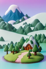 landscape with mountains, snow and house, cartoon style, AI generative