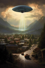flying ufo ship flies at dawn over the town, generative AI