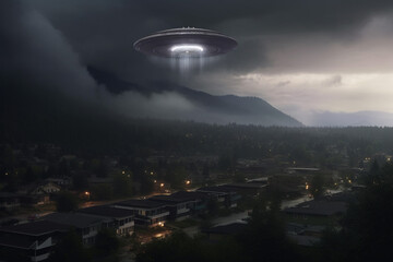 Fototapeta na wymiar flying ufo ship flies at dawn over the town, generative AI