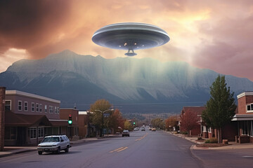 flying ufo ship flies at dawn over the town, generative AI