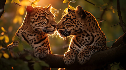 Naklejka premium Two leopards in the shade of a tree at sunset AI Generative