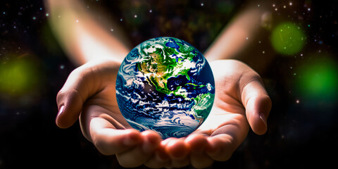 Astonishing close-up of child's hands holding realistic Earth, background filled with stars; captivating light swirls emphasize nurturing and protecting our planet emotionally. Generative AI