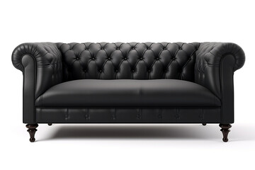 Fototapeta premium Modern black leather sofa furniture isolated on white background. Ai generative.