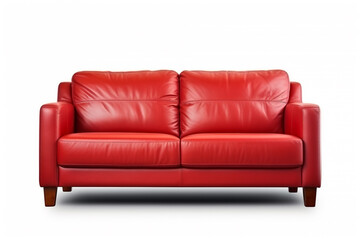 Modern red leather sofa furniture isolated on white background. Ai generative.