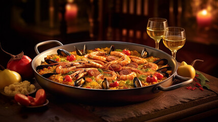 Large skillet with delicious paella on restaurant background, menu concept, healthy food