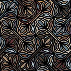Seamless abstract floral pattern with multicolored geometric leaves on a black background. Retro style foliage. Graphic textile texture. Decorative vector image.