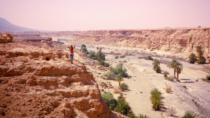 View over Agadir province, canyon, desert oasis and traveler hiking woman- travel, adventure,...