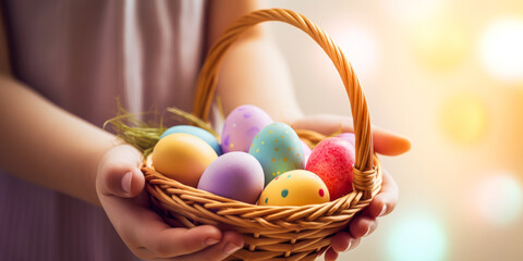 Charming close-up of a child's hands holding a delicate woven Easter basket filled with colorful eggs, set against a bright and festive background radiating soft light. Generative AI