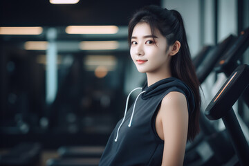 Fototapeta na wymiar Portrait of beautiful asian woman in sportswear in fitness gym, Generative AI