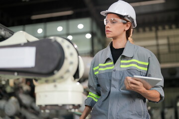 Female Automotive Engineer Wearing Hard Hat, Standing, Using Laptop. Monitoring, Control, Equipment Production. Automated Robot Arm Assembly Line Manufacturing Electric Vehicle