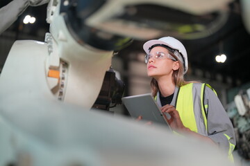 Female Automotive Engineer Wearing Hard Hat, Standing, Using Laptop. Monitoring, Control, Equipment...