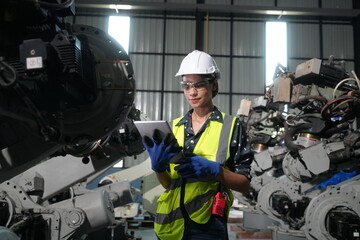 Female Automotive Engineer Wearing Hard Hat, Standing, Using Laptop. Monitoring, Control, Equipment Production. Automated Robot Arm Assembly Line Manufacturing Electric Vehicle